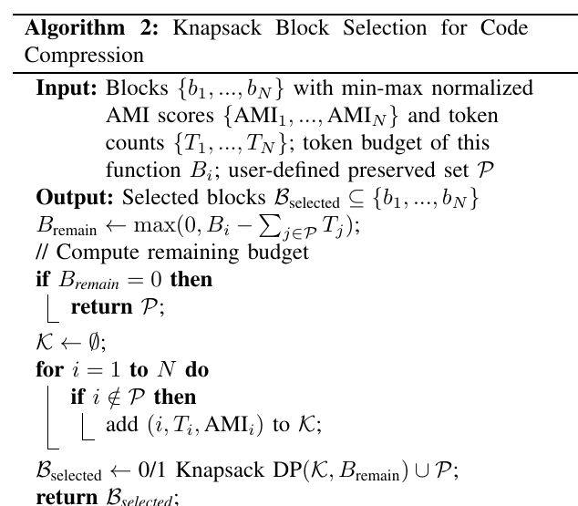 LongCodeZip Algorithm 2: knapsack block selection